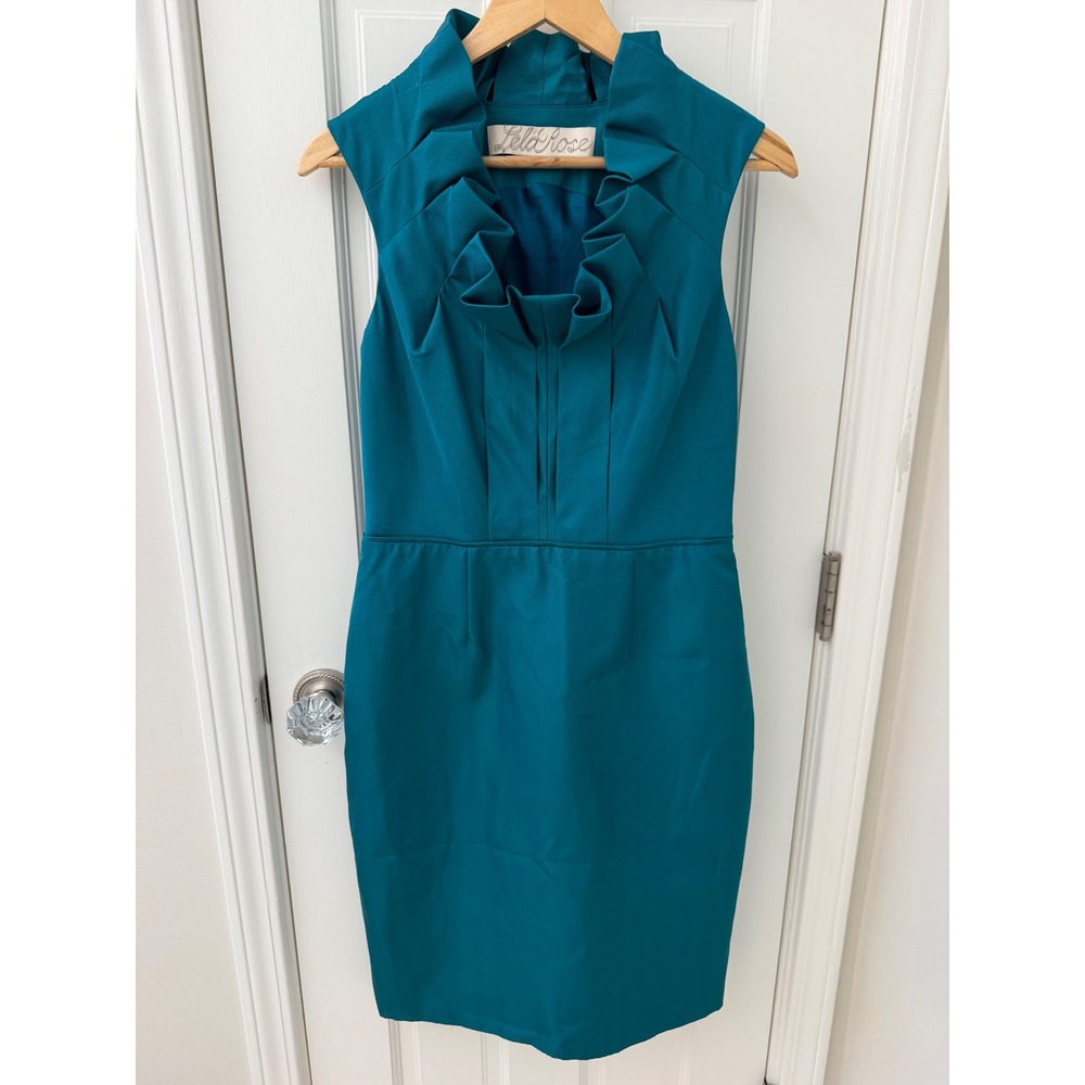 Lela Rose Ruffle Neck Silk Sheath Dress Green 8 Elegant